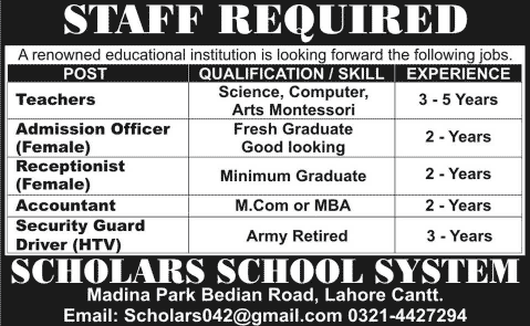 Latest Admin & Teaching Jobs in Lahore 2014 February at Scholars School System