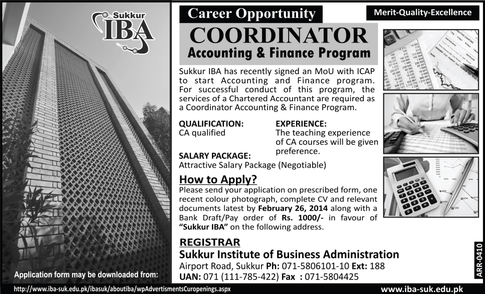 Sukkur IBA Jobs 2014 February for Accounting & Finance Program Coordinator