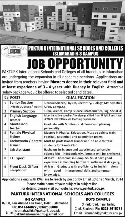PAKTURK International Schools & Colleges Islamabad Jobs 2014 February for Teaching Faculty & Staff