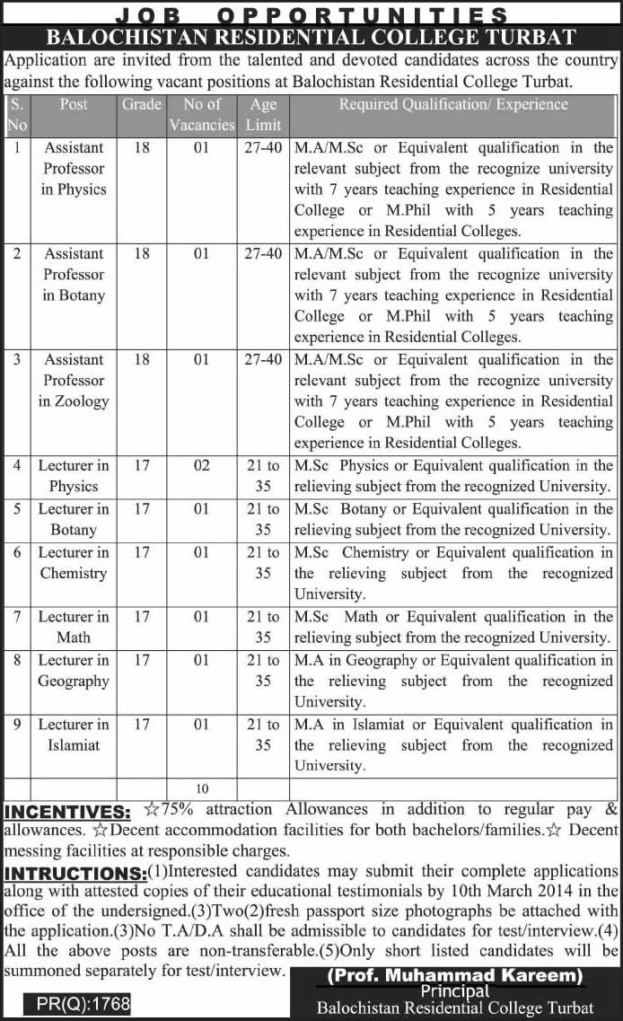 Balochistan Residential College Turbat Jobs 2014 February for Faculty / Assistant Professors / Lecturers
