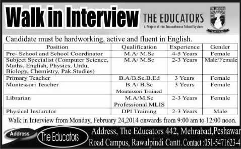 Admin & Teaching Jobs at The Educators Peshawar Road Campus Rawalpindi 2014 February