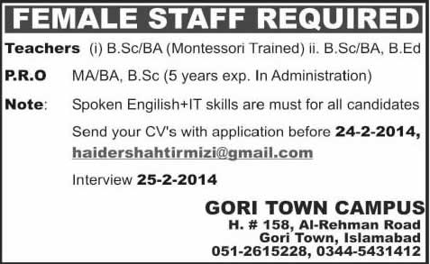 Public Relations Officer & Teaching Jobs in Islamabad 2014 February at Gori Town Campus