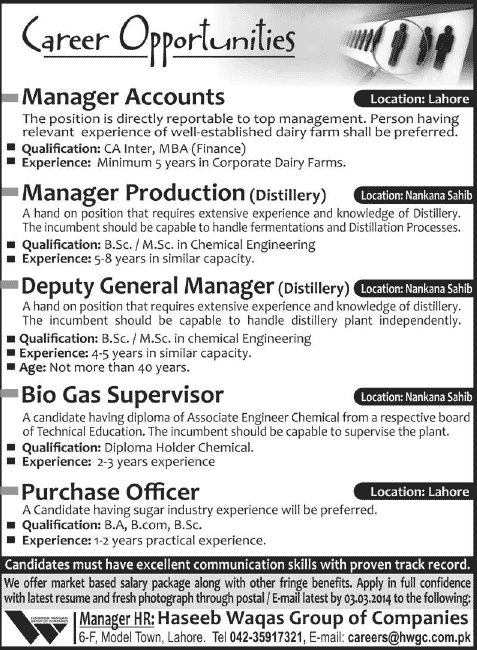 Haseeb Waqas Group of Companies Jobs 2014 February for Managers, Bio Gas Supervisor & Purchase Officer