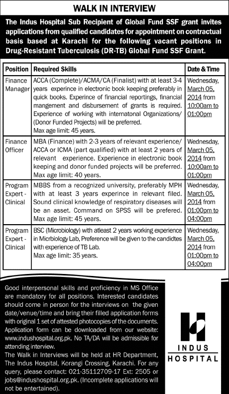 Indus Hospital Karachi Jobs 2014 February for Finance Manager / Officer & Program Experts Clinical