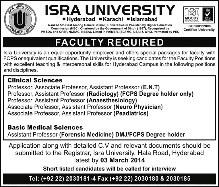 Medical Faculty Jobs at Isra University Hyderabad 2014 February Latest
