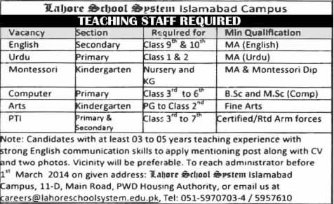 Lahore School System Islamabad Campus Jobs 2014 February for Teaching Staff