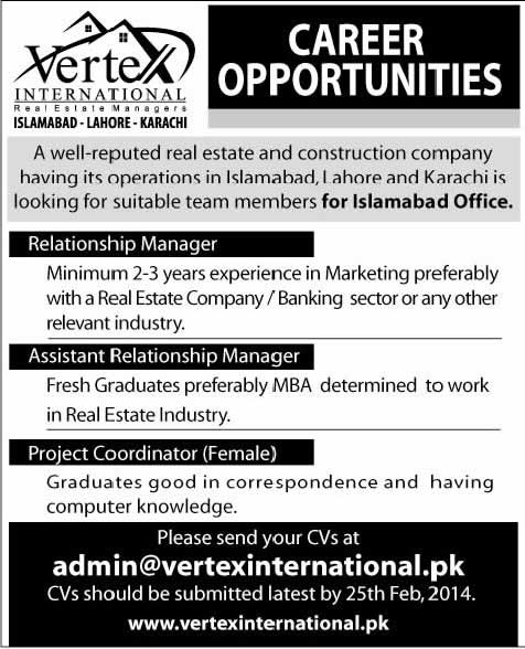 Vertex International Islamabad Jobs 2014 February for Relationship Managers & Project Coordinator
