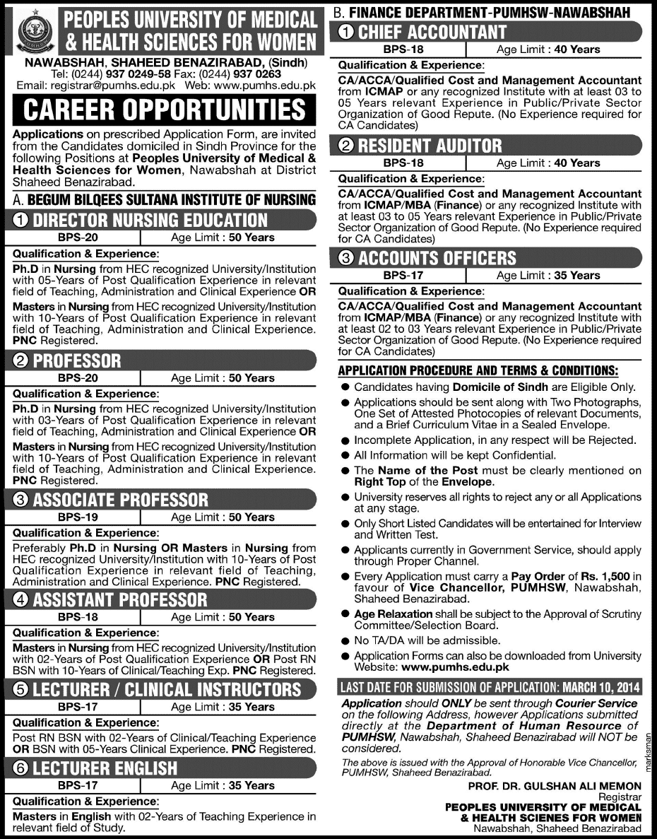 Peoples University of Medical & Health Sciences for Women Nawabshah Jobs 2014 February for Faculty & Admin Staff