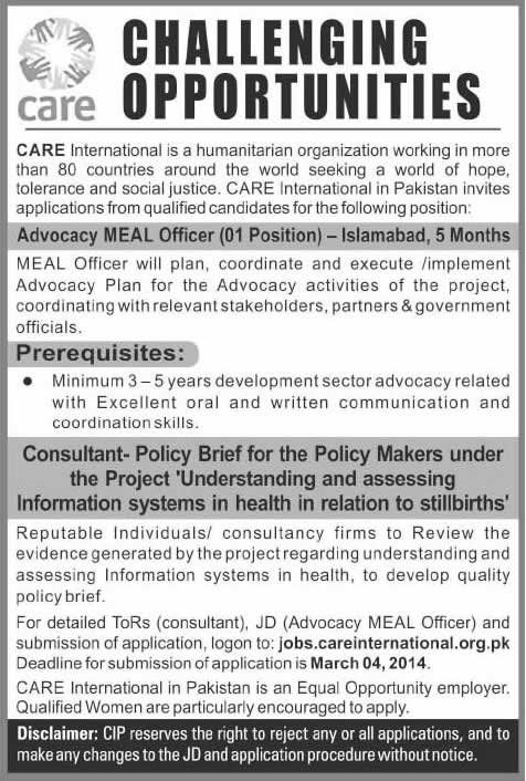 Care International Pakistan Jobs 2014 February for Advocacy MEAL Officer & Consultant