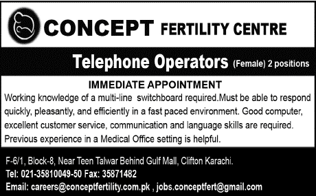 Female Telephone Operator Jobs in Karachi 2014 February at Concept Fertility Centre