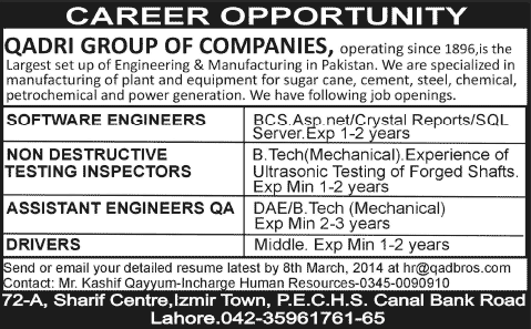 Qadri Group of Companies Lahore Jobs 2014 February for Software Engineers, Mechanical Engineers & Drivers