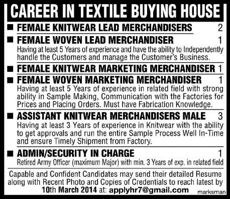 Admin / Security Incharge & Merchandiser Jobs in Lahore 2014 March for Textile Buying House
