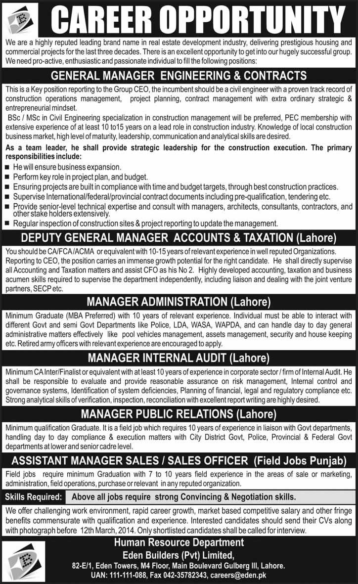 Eden Builders Jobs 2014 March Latest for Administrative Staff