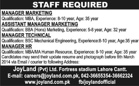 Technical, HR & Marketing Manager Jobs in Joyland Lahore 2014 March