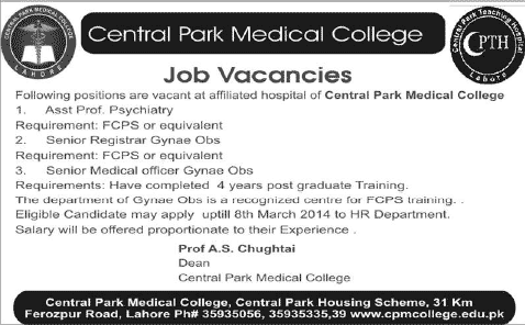 Medical Faculty Jobs in Lahore 2014 March at Central Park Medical College