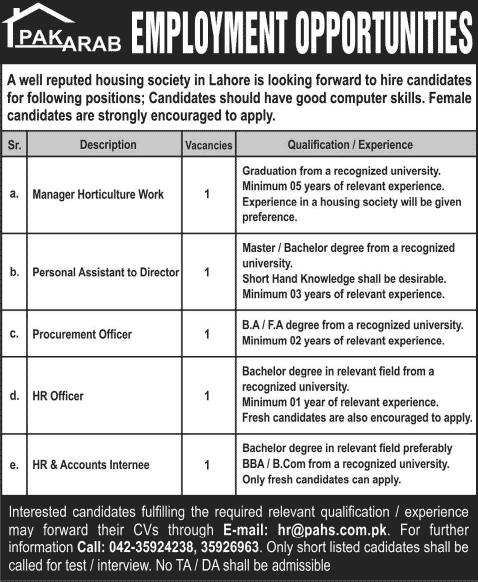 Pak Arab Housing Society Jobs 2014 March for Procurement / HR Officer, HR / Accounts Internee & Others