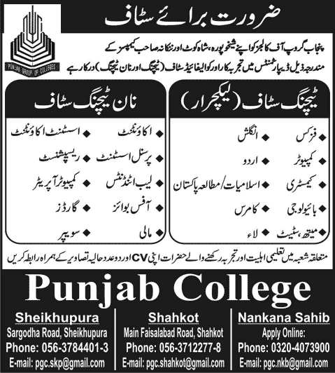 Punjab Group of Colleges Jobs 2014 March for Teaching & Non-Teaching Staff