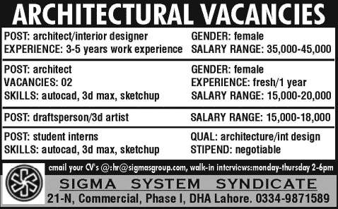 Architects & Draftsman Jobs in Lahore 2014 March at Sigma System Syndicate