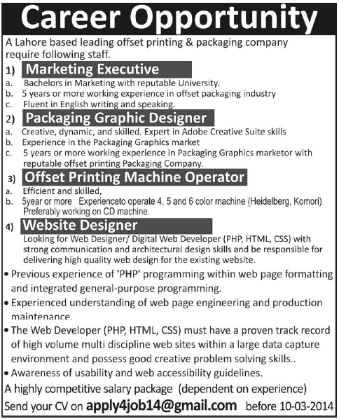 Jobs in Lahore 2014 March for Marketing Executive, Graphics / Website Designer & Machine Operator