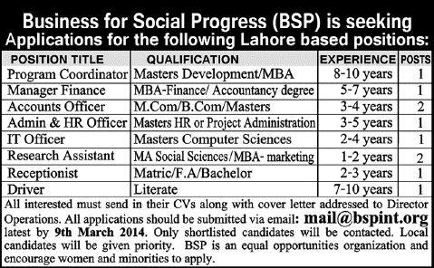 Business for Social Progress (BSP) Lahore Jobs 2014 March