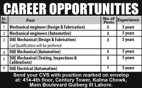Electrical / Mechanical Engineering Jobs in Lahore 2014 March Latest