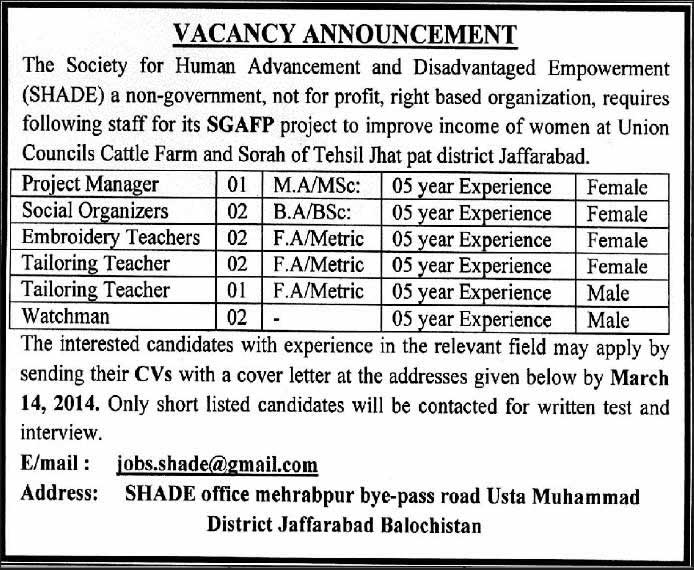 SHADE NGO Jobs in Jaffarabad Balochistan 2014 March for Project Manager, Social Organizers, Teachers & Watchman