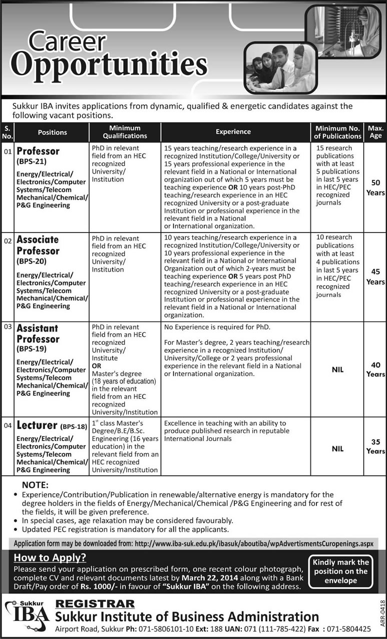 Sukkur IBA Jobs 2014 March for Teaching Faculty / Professors & Lecturers