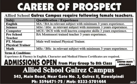 Allied School Gulrez Campus Rawalpindi Jobs 2014 March for Teaching & Non-Teaching Staff