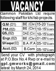 Gammon Pakistan Ltd Jobs 2014 March for Civil Engineers, Quantity Surveyor, Store Keeper & Accountant