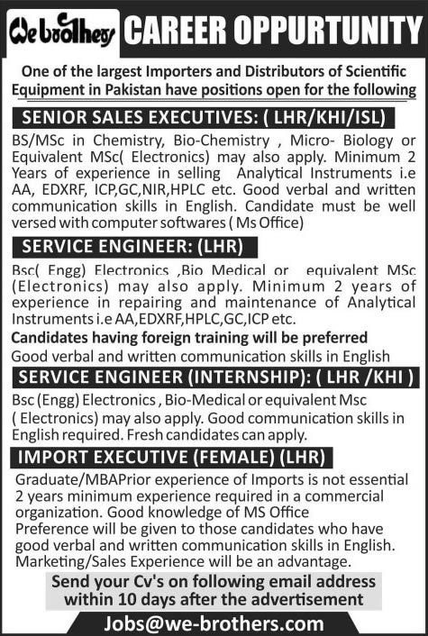 We Brothers Scientific (Pvt.) Ltd Jobs 2014 March for Sales / Import Executive & Service Engineers