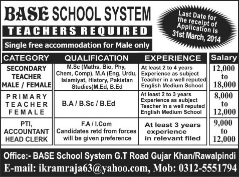 Base School System Gujar Khan / Rawalpindi Jobs 2014 March for Teaching & Administrative Staff