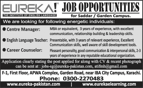 Eureka Karachi Jobs 2014 March for Centre Manager, English Language Teacher & Career Counselor