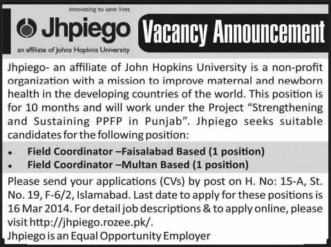 Jhpiego Pakistan Jobs 2014 March for Field Coordinator