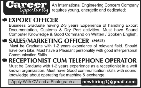 Export Officer, Sales / Marketing Officer & Receptionist Jobs in Lahore 2014 March
