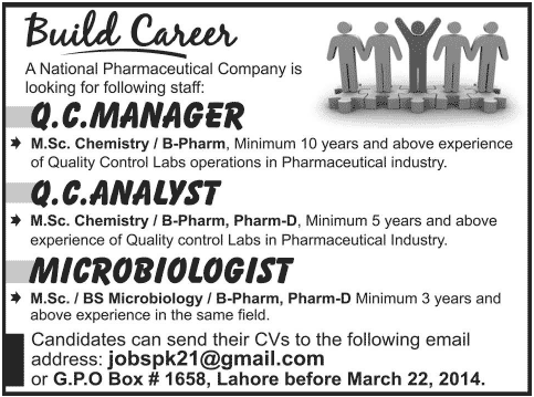 Microbiologist & Pharmacist Jobs in Lahore 2014 March for Pharmaceutical Company