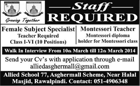 Allied School Rawalpindi Jobs 2014 March Female Subject Specialist & Montessori Teachers
