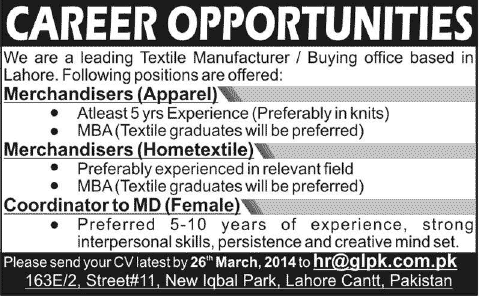 Merchandisers & Coordinator Jobs in Lahore 2014 March at Gold Label International