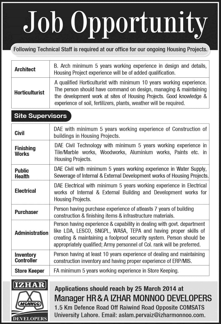 Izhar Monnoo Developers Jobs 2014 March for Housing Projects