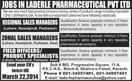 Laderle Pharmaceutical Pvt. Ltd Jobs 2014 March for Sales Managers & Field Officers / Product Specialists