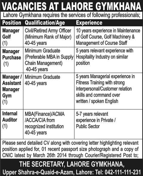 Lahore Gymkhana Jobs 2014 March for Manager Golf / Purchase / Gym & Internal Auditor