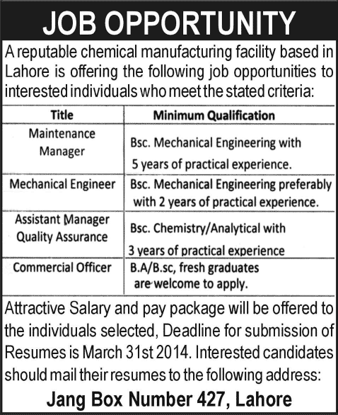 Chemist, Mechanical Engineers & Fresh Graduates Jobs in Lahore 2014 March for Chemical Manufacturing Facility