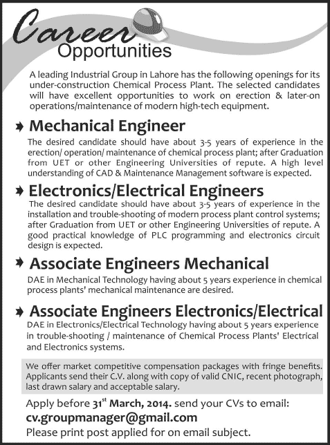 Electronics / Electrical / Mechanical Engineering Jobs in Lahore 2014 March for Chemical Process Plant