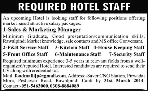 Hotel Staff Jobs in Rawalpindi 2014 March Hospitality Industry