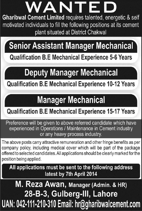 Gharibwal Cement Limited Chakwal Jobs 2014 March for Mechanical Engineers