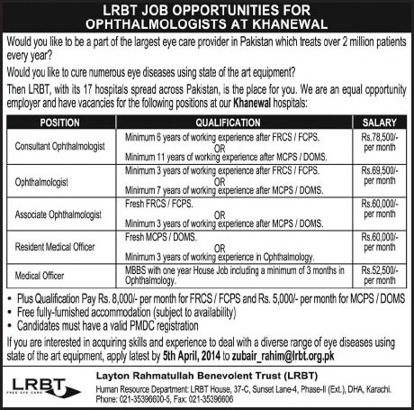 LRBT Jobs in Khanewal 2014 March for Ophthalmologists