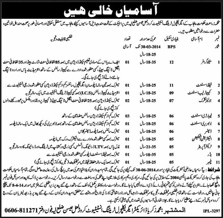 Agricultural Training Institute Karor Lal Esan Layyah Jobs 2014 March for Agriculture Department Punjab