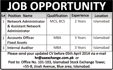 Network Administrator, Accounts Officer & Internal Auditor Jobs in Islamabad 2014 March / April at AA Exchange Company