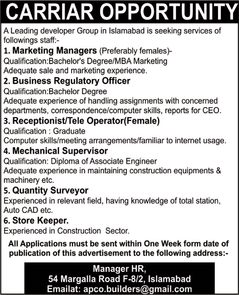 Latest Jobs in Islamabad 2014 March / April for Marketing Managers, Receptionist, Mechanical Engineer & Others