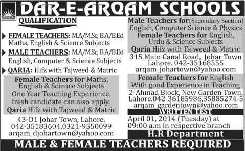 Dar-e-Arqam Schools Lahore Jobs 2014 March / April for Teaching Staff