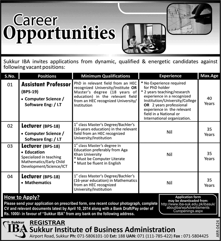 Sukkur IBA Jobs 2014 March / April for Teaching Faculty / Assistant Professors & Lecturers
